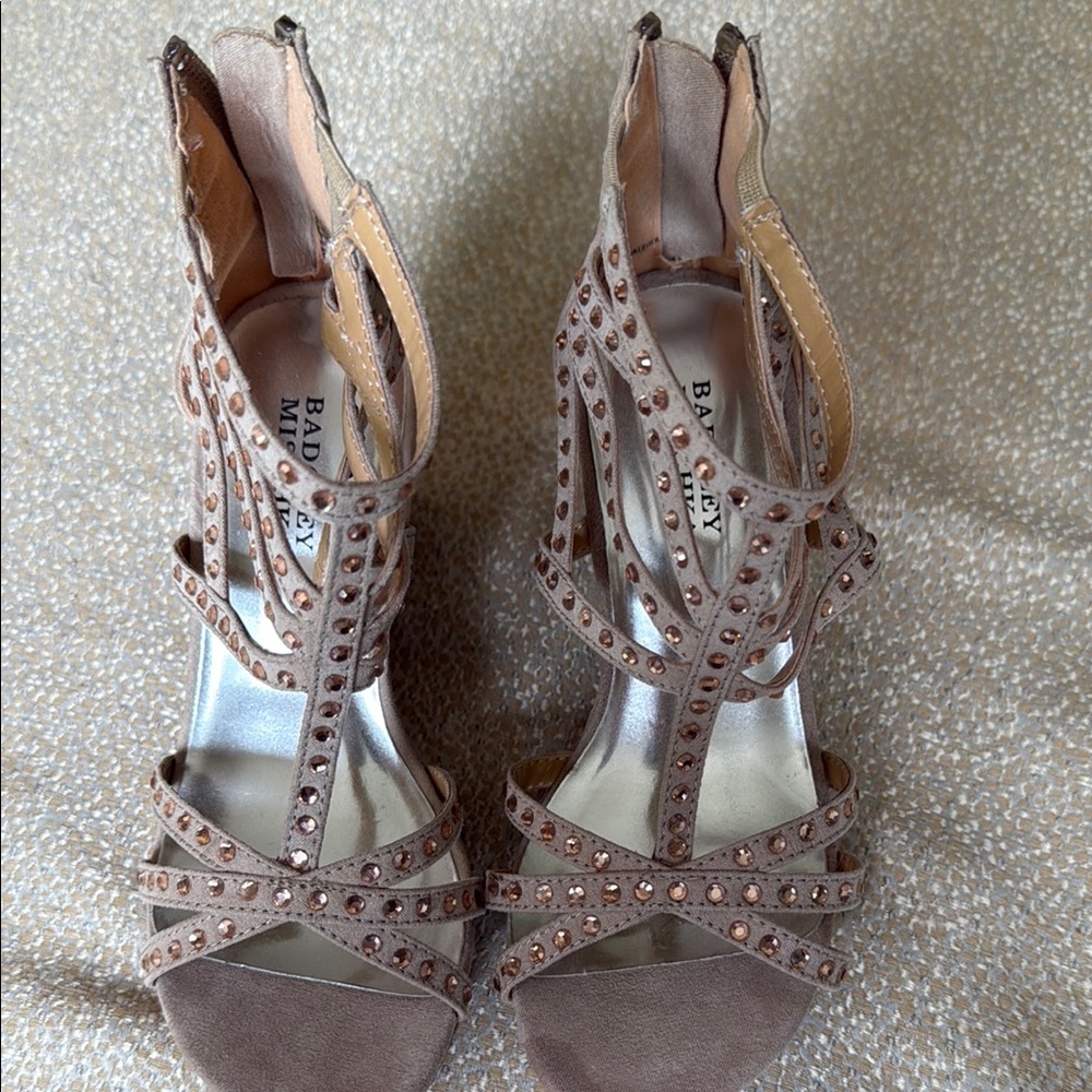 Girls Badgley Mischka Tan Stiletto Heels with Crystal Embellishments